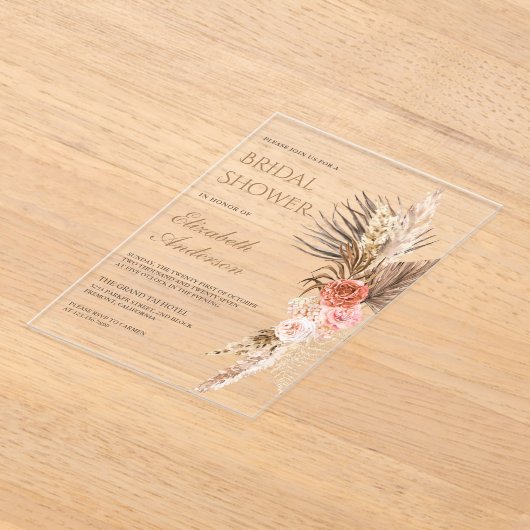 Rustic Boho Earthy Floral Pampas Bridal Shower Acryl Uitnodigingen (Laagn)