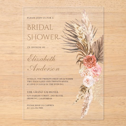 Rustic Boho Earthy Floral Pampas Bridal Shower Acryl Uitnodigingen (Voorkant)