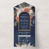 Rustic Boho Earthy Floral Terracotta Navy Wedding All In One Uitnodiging (Binnen)