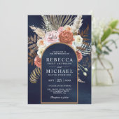 Rustic Boho Earthy Floral Terracotta Navy Wedding Kaart (Staand voorkant)