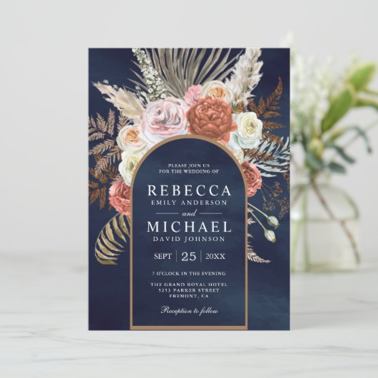 Rustic Boho Earthy Floral Terracotta Navy Wedding Kaart (Staand voorkant)
