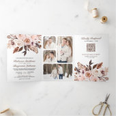 Rustic Boho Earthy Ivory Floral QR Code Weddenscha Drieluik Uitnodiging (Binnen)