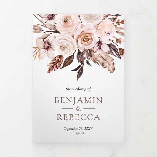 Rustic Boho Earthy Ivory Floral QR Code Weddenscha Drieluik Uitnodiging (Cover)