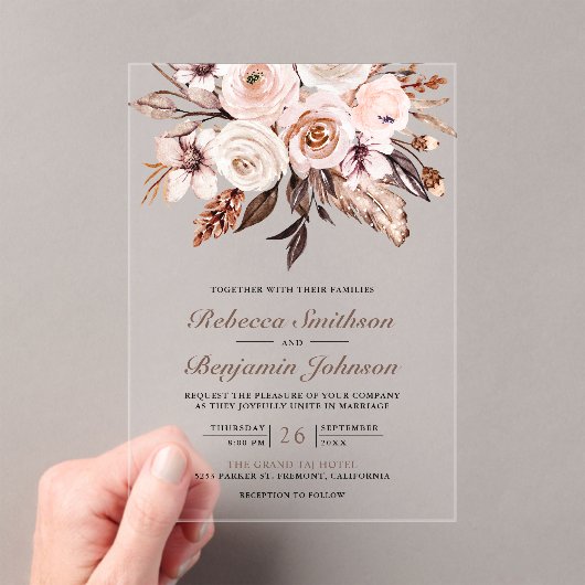Rustic Boho Earthy Ivory Floral Wedding Acryl Uitnodigingen (Insitu (Draagbaar))