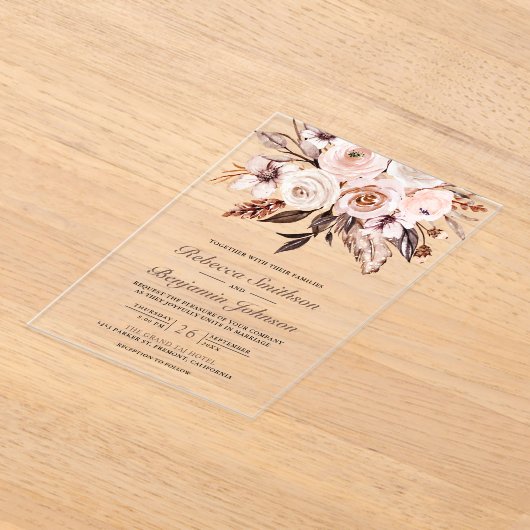 Rustic Boho Earthy Ivory Floral Wedding Acryl Uitnodigingen (Laagn)