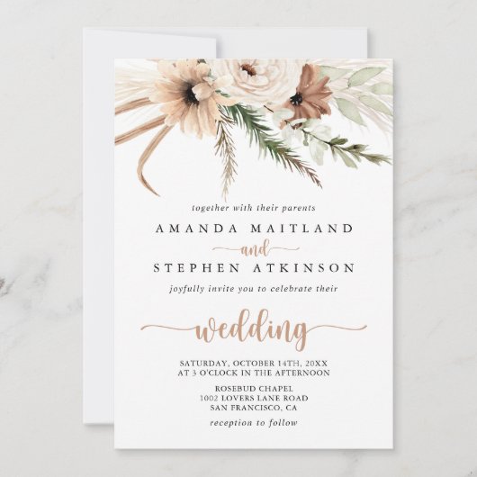 Rustic Boho Elegant Floral Front & Back Wedding Kaart (Voorkant)