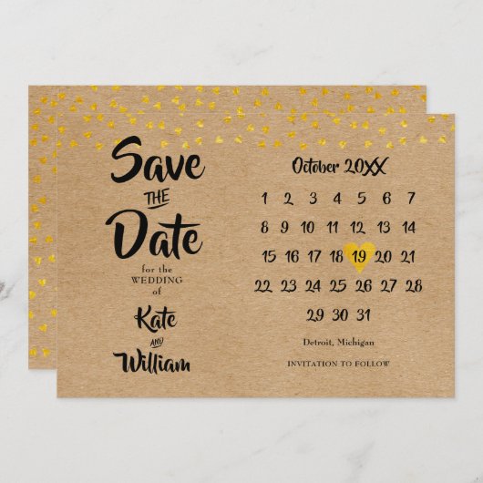Rustic Boho Elegant Gold Heart Calendar Save The Date (Voorkant / Achterkant)