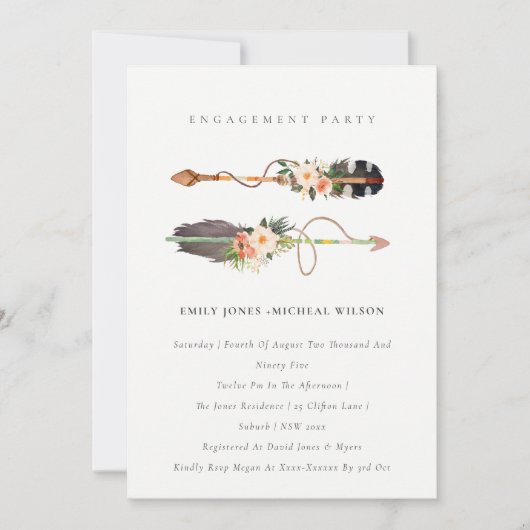 Rustic Boho Feather Floral Arrow Verloving Invite Bedankkaart (Voorkant)