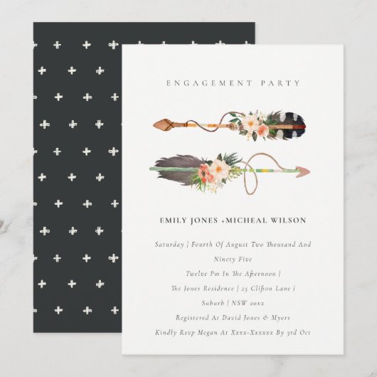 Rustic Boho Feather Floral Arrow Verloving Invite Bedankkaart (Voorkant / Achterkant)