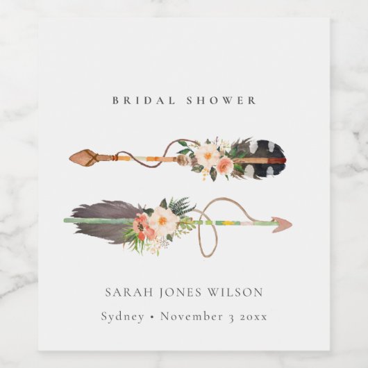 Rustic Boho Feather Floral Arrow Vrijgezellenfeest Wijn Etiket (Enkel label)