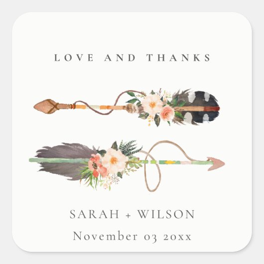 Rustic Boho Feather Floral Arrow Wedding Bedankt Vierkante Sticker (Voorkant)