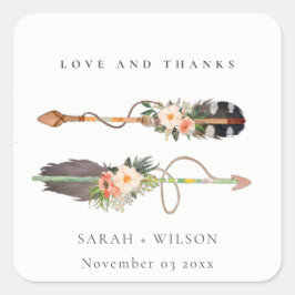 Rustic Boho Feather Floral Arrow Wedding Bedankt Vierkante Sticker