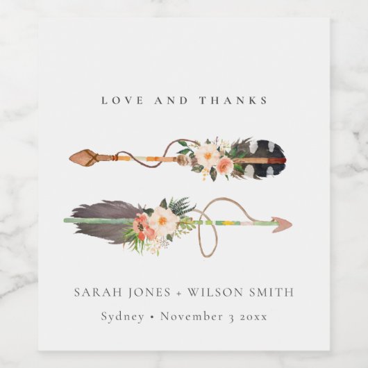 Rustic Boho Feather Floral Arrow Wedding Bedankt Wijn Etiket (Enkel label)