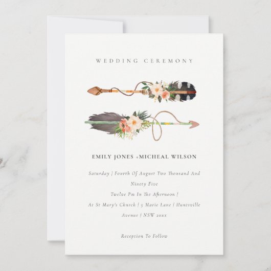 Rustic Boho Feather Floral Arrow Wedding Invite Bedankkaart (Voorkant)