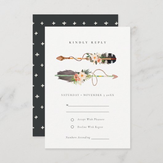 Rustic Boho Feather Floral Arrow Wedding RSVP Informatiekaartje (Voorkant / Achterkant)