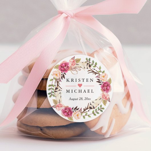 Rustic Boho Feather Floral Wreath Wedding Favor Ronde Sticker