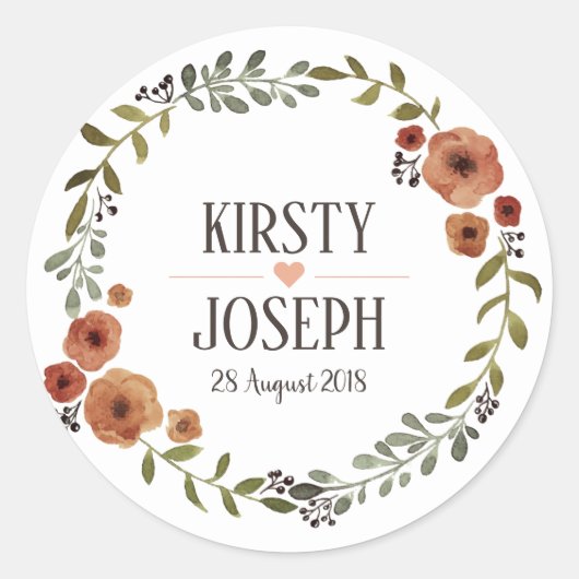 Rustic Boho Feather Floral Wreath Wedding Sticker (Voorkant)