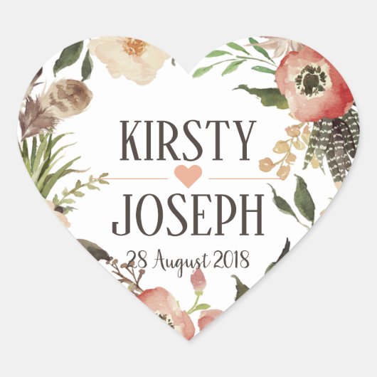 Rustic Boho Feather Floral Wreath Wedding Sticker (Voorkant)