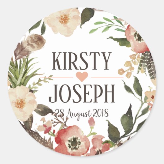 Rustic Boho Feather Floral Wreath Wedding Sticker (Voorkant)