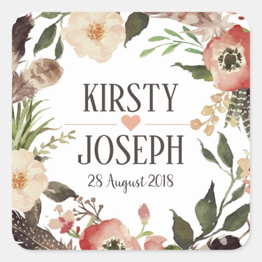 Rustic Boho Feather Floral Wreath Wedding Sticker (Voorkant)