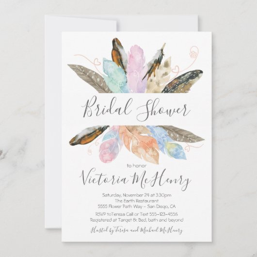 Rustic Boho Feathers Waterverf Vrijgezellenfeest Kaart (Voorkant)