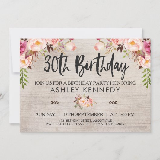 Rustic Boho Floral 30th Birthday Invitation Kaart (Voorkant)