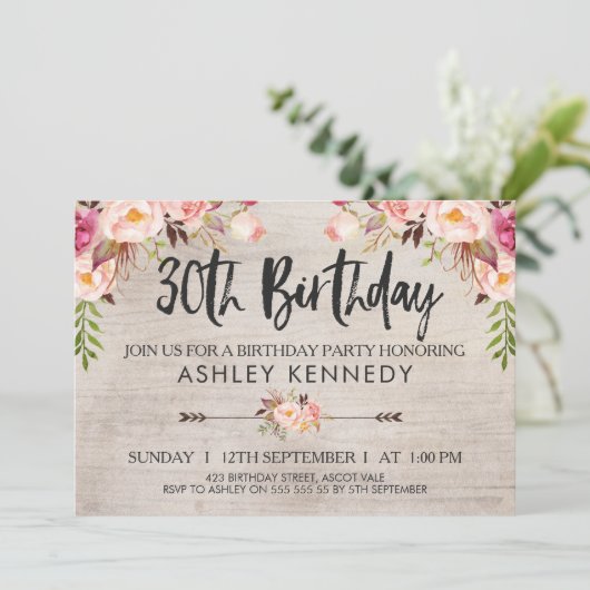 Rustic Boho Floral 30th Birthday Invitation Kaart (Staand voorkant)