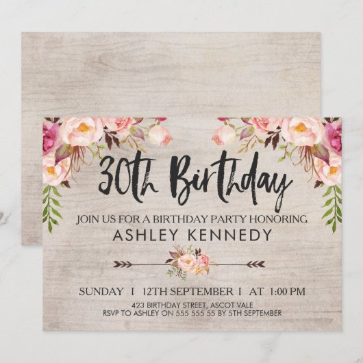 Rustic Boho Floral 30th Birthday Invitation Kaart (Voorkant / Achterkant)