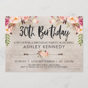Rustic Boho Floral 30th Birthday Invitation Kaart