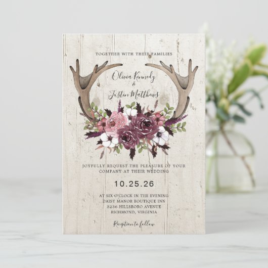 Rustic Boho Floral Antlers Hood Weddenschap Kaart (Staand voorkant)