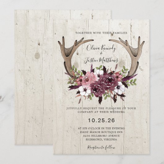 Rustic Boho Floral Antlers Hood Weddenschap Kaart (Voorkant / Achterkant)