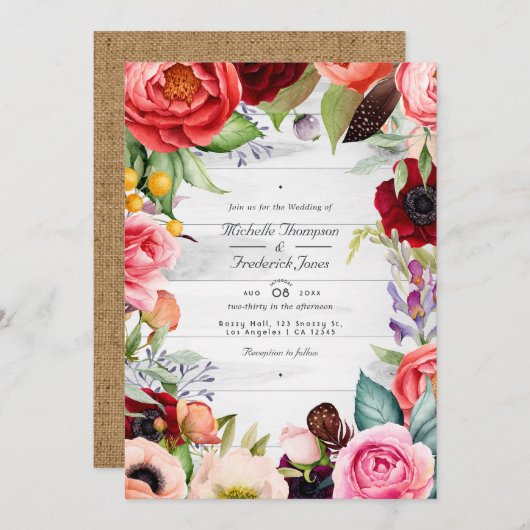 Rustic Boho Floral Bohemian QR Code RSVP Weddensch Kaart (Voorkant / Achterkant)