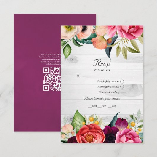 Rustic Boho Floral Bohemian QR Code RSVP Weddensch Kaartje (Voorkant / Achterkant)