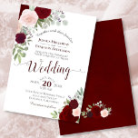 Rustic Boho Floral Burgundy Red & Pink Wedding Kaart<br><div class="desc">Deze mooie trouwuitnodiging is voorzien van een roestachtig boho-chic-design met handbeschilderde waterverf rozen in tinten van wazige roze, diep rood en onbeschoft. De elegante bouquet omvat lavendel, eucalyptus, babyblaadjes en andere bladeren en bladeren op een klassieke witte achtergrond. Een prachtige manier om je vrienden en familie uit te nodigen om...</div>