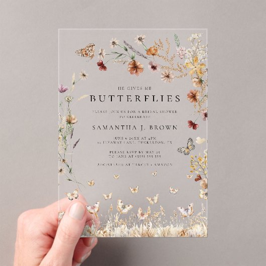 Rustic Boho Floral Butterflies Vrijgezellenfeest Acryl Uitnodigingen (Insitu (Draagbaar))