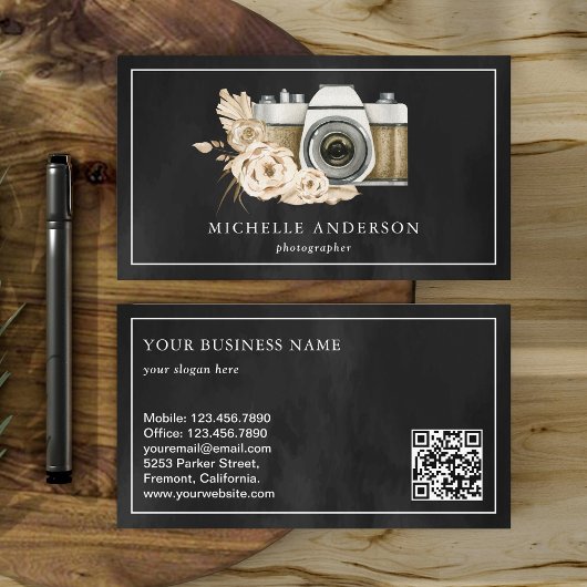Rustic Boho Floral Camera QR Code Fotograaf Visitekaartje