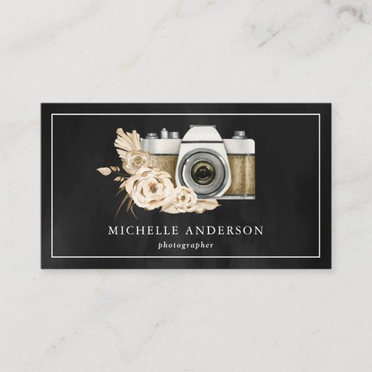 Rustic Boho Floral Camera QR Code Fotograaf Visitekaartje (Voorkant)