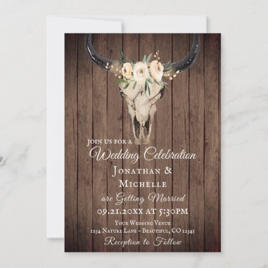 Rustic Boho Floral Koe Skull op Barnwood Wedding Kaart (Voorkant)