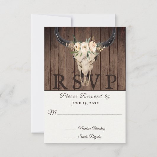 Rustic Boho Floral Koe Skull op Barnwood Wedding RSVP Kaartje (Voorkant)