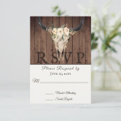 Rustic Boho Floral Koe Skull op Barnwood Wedding RSVP Kaartje (Staand voorkant)