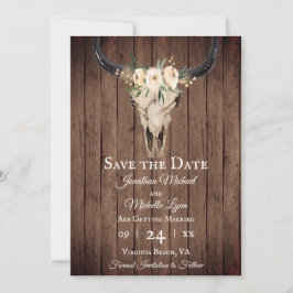 Rustic Boho Floral Koe Skull op Barnwood Wedding Save The Date
