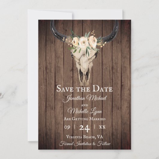 Rustic Boho Floral Koe Skull op Barnwood Wedding Save The Date (Voorkant)