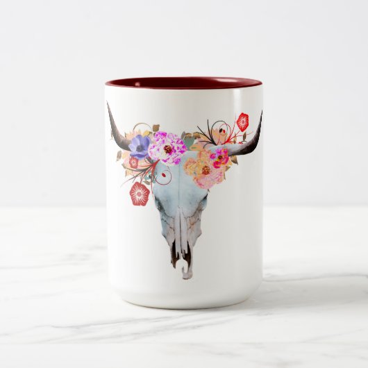 Rustic Boho Floral Longhorn Skull Tweekleurige Koffiemok (Center)