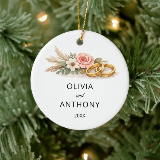 Rustic Boho Floral Pink Rose Wedding Name Ornament (Boom)
