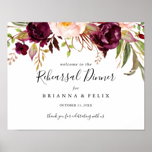 Rustic Boho Floral Rehearsal Dinner Welcome Sign Poster (Voorkant)