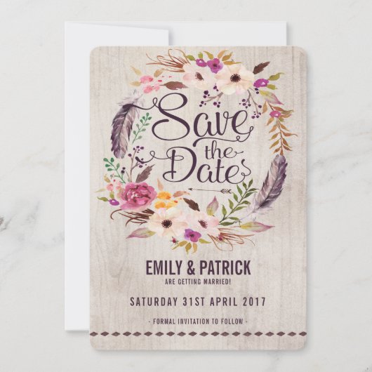 Rustic Boho Floral Save the Date Invitation (Voorkant)