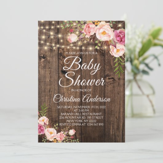 Rustic Boho Floral String Lights Baby shower Kaart (Staand voorkant)