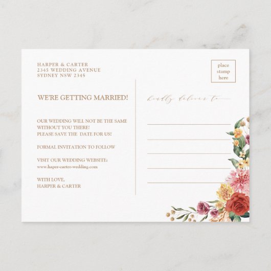 Rustic Boho Floral Tropical Pampas Grass Wedding Aankondigingskaart (Achterkant)