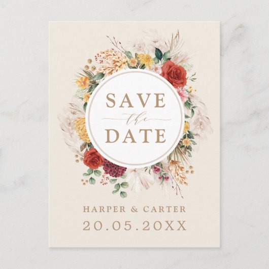 Rustic Boho Floral Tropical Pampas Grass Wedding Aankondigingskaart (Voorkant)