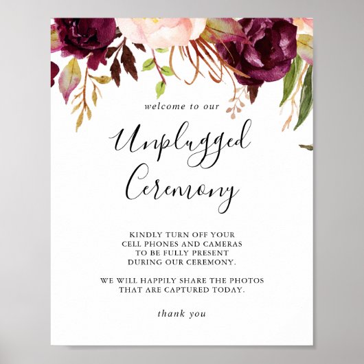 Rustic Boho Floral Unplugged Ceremony Sign Poster (Voorkant)
